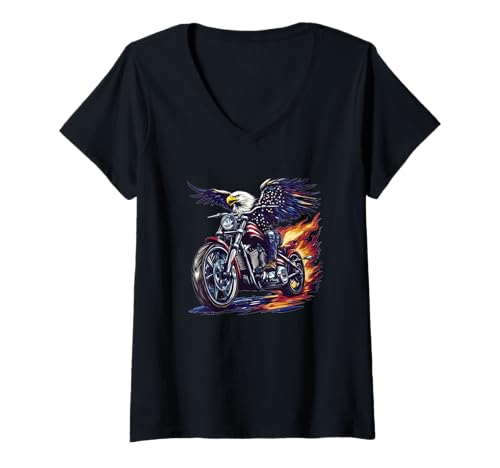 Damen Patriotisches Motorrad mit coolem Adler für einen coolen Feuer-Look T-Shirt mit V-Ausschnitt von Motorbike Eagle Outfit