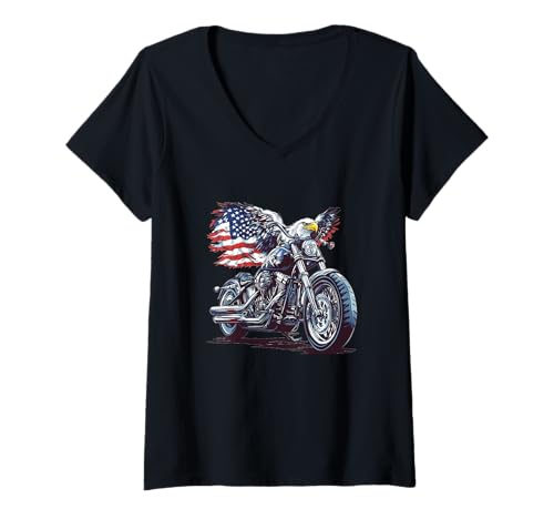 Damen Retro-Fahrrad mit coolem USA-Flaggen-Adler für Motorrad-Liebhaber T-Shirt mit V-Ausschnitt von Motorbike Eagle Outfit