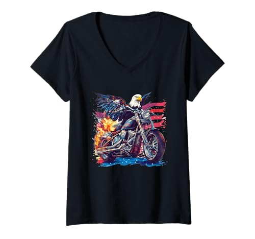 Damen Retro Motorrad Fahrrad mit USA Adler Flagge T-Shirt mit V-Ausschnitt von Motorbike Eagle Outfit