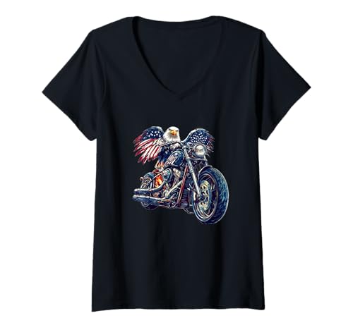 Damen Tolle USA Flagge mit Motorrad für Adler im Retro Look T-Shirt mit V-Ausschnitt von Motorbike Eagle Outfit