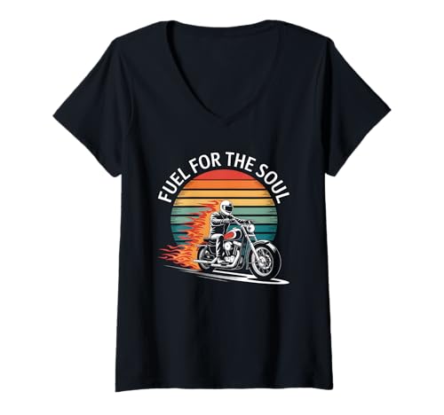 Damen Retro Motorrad Reiten Abenteuer Fuel for The Soul T-Shirt mit V-Ausschnitt Damen Retro Motorrad Reiten Abenteuer Fuel for The Soul T-Shirt mit V-Ausschnitt von Motorcycle Adventure Co. Biker