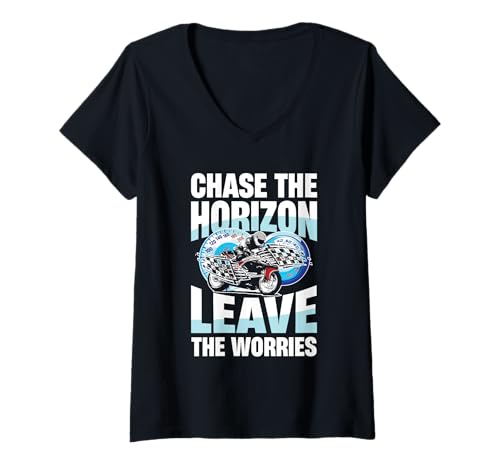 Damen Chase The Horizon Lass die Sorgen hinter dir T-Shirt mit V-Ausschnitt Damen Chase The Horizon Lass die Sorgen hinter dir T-Shirt mit V-Ausschnitt von Motorcycle Adventure Speed Passion