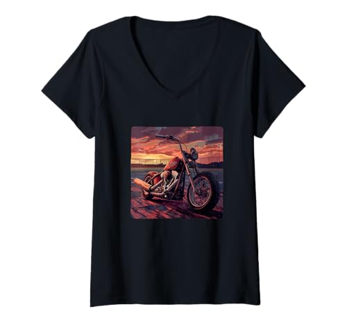 Damen Sonnenuntergang Motorrad mit Sportplatz Kostüm T-Shirt mit V-Ausschnitt Damen Sonnenuntergang Motorrad mit Sportplatz Kostüm T-Shirt mit V-Ausschnitt von Motorcycle Baseball Outfit