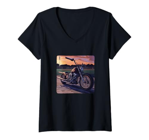 Damen Tolles Sportfeld mit patriotischer Motorrad-Grafik T-Shirt mit V-Ausschnitt Damen Tolles Sportfeld mit patriotischer Motorrad-Grafik T-Shirt mit V-Ausschnitt von Motorcycle Baseball Outfit