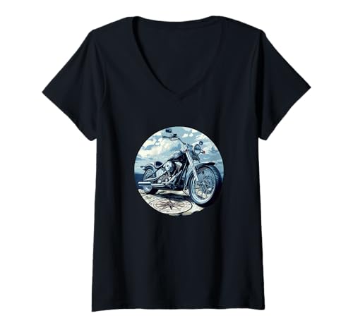 Damen Berge und Motorrad Grafik im USA-Stil T-Shirt mit V-Ausschnitt Damen Berge und Motorrad Grafik im USA-Stil T-Shirt mit V-Ausschnitt von Motorcycle Compass Outfit