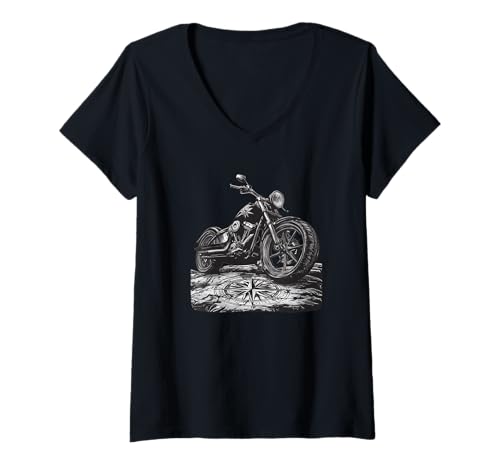 Damen Cooles Motorrad Kostüm mit Kompass T-Shirt mit V-Ausschnitt von Motorcycle Compass Outfit