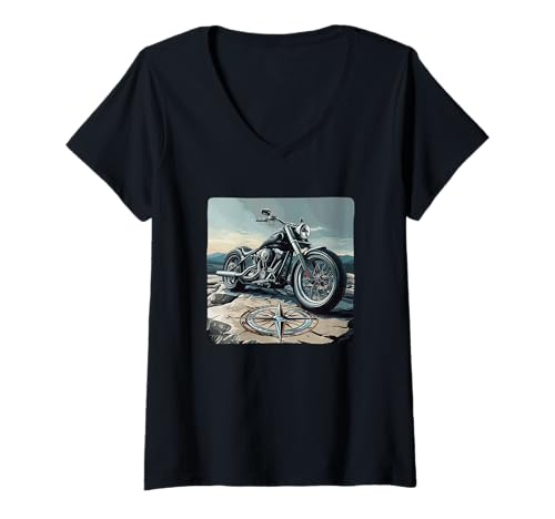 Damen Schönes Motorradtrip Kostüm mit Kompass und Freiheit T-Shirt mit V-Ausschnitt Damen Schönes Motorradtrip Kostüm mit Kompass und Freiheit T-Shirt mit V-Ausschnitt von Motorcycle Compass Outfit