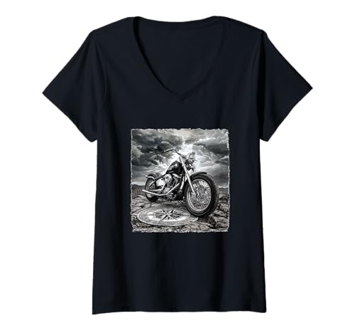 Damen Tolles Bikes mit Kompass und coolem Himmel Kostüm T-Shirt mit V-Ausschnitt Damen Tolles Bikes mit Kompass und coolem Himmel Kostüm T-Shirt mit V-Ausschnitt von Motorcycle Compass Outfit