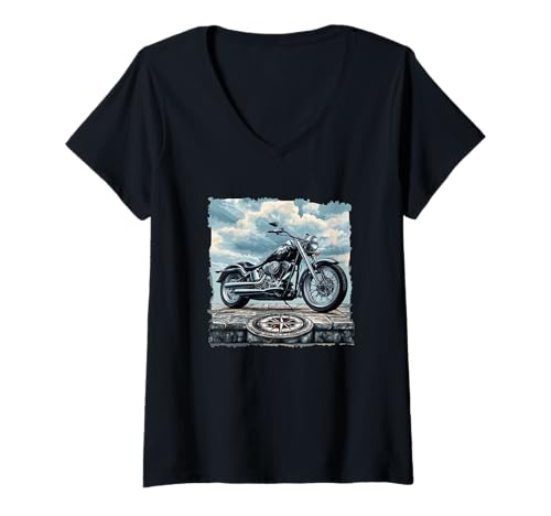 Damen Tolles USA-Motorrad T-Shirt mit V-Ausschnitt Damen Tolles USA-Motorrad T-Shirt mit V-Ausschnitt von Motorcycle Compass Outfit
