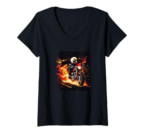 Damen Helle Flammen mit erstaunlichem Motorrad-Kostüm T-Shirt mit V-Ausschnitt von Motorcycle Eagle Outfit