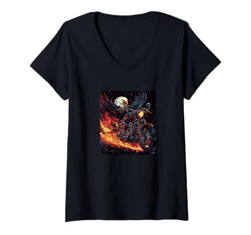 Damen Hübsches Motorrad im coolen patriotischen Flammen-Look mit Adler T-Shirt mit V-Ausschnitt Damen Hübsches Motorrad im coolen patriotischen Flammen-Look mit Adler T-Shirt mit V-Ausschnitt von Motorcycle Eagle Outfit