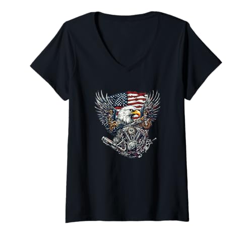 Damen Adlermotor im coolen amerikanischen Motorrad-Look T-Shirt mit V-Ausschnitt Damen Adlermotor im coolen amerikanischen Motorrad-Look T-Shirt mit V-Ausschnitt von Motorcycle Engine Outfit