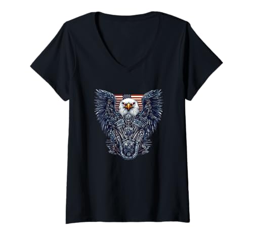 Damen Motoradler-Kostüm für einen patriotischen Look T-Shirt mit V-Ausschnitt Damen Motoradler-Kostüm für einen patriotischen Look T-Shirt mit V-Ausschnitt von Motorcycle Engine Outfit