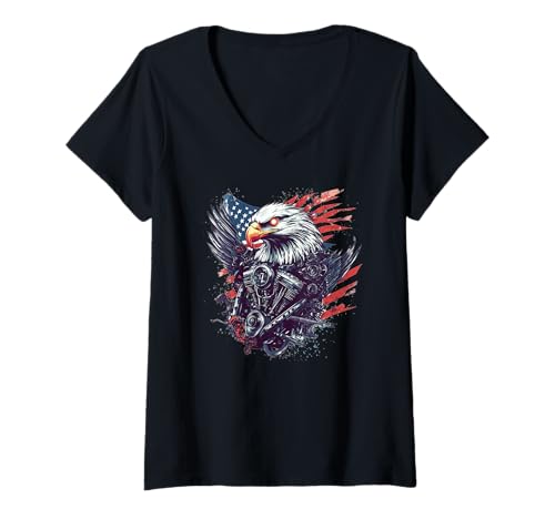 Damen Motormotorrad mit patriotischem Look für Adlerliebhaber T-Shirt mit V-Ausschnitt Damen Motormotorrad mit patriotischem Look für Adlerliebhaber T-Shirt mit V-Ausschnitt von Motorcycle Engine Outfit