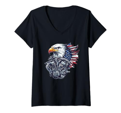 Damen Motorrad Adler mit patriotischem Motor Kostüm T-Shirt mit V-Ausschnitt Damen Motorrad Adler mit patriotischem Motor Kostüm T-Shirt mit V-Ausschnitt von Motorcycle Engine Outfit