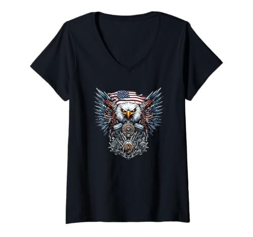 Damen Schöner Motor mit Benzin und Adler für patriotisches Kostüm T-Shirt mit V-Ausschnitt Damen Schöner Motor mit Benzin und Adler für patriotisches Kostüm T-Shirt mit V-Ausschnitt von Motorcycle Engine Outfit