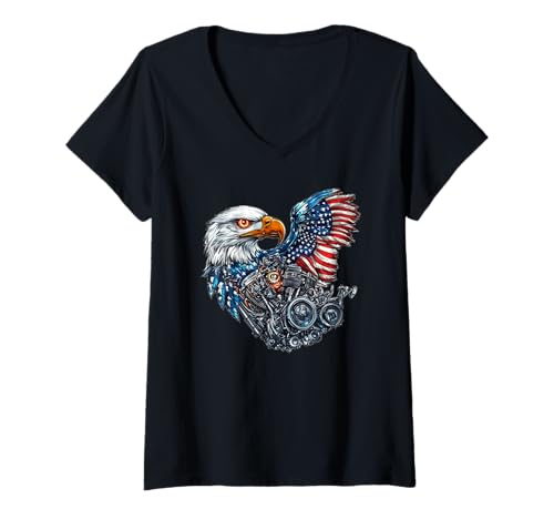 Damen Starkes Motor-Statement mit coolem Adler für patriotische Fans T-Shirt mit V-Ausschnitt Damen Starkes Motor-Statement mit coolem Adler für patriotische Fans T-Shirt mit V-Ausschnitt von Motorcycle Engine Outfit