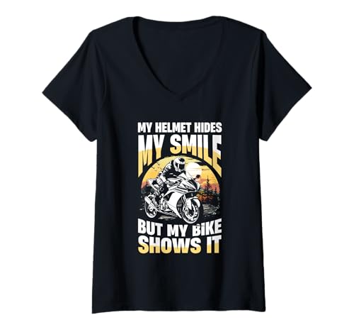 Damen Mein Helm verbirgt mein Lächeln, aber mein Fahrrad zeigt es T-Shirt mit V-Ausschnitt Damen Mein Helm verbirgt mein Lächeln, aber mein Fahrrad zeigt es T-Shirt mit V-Ausschnitt von Motorcycle Enthusiast Biker Passion Rider Apparel