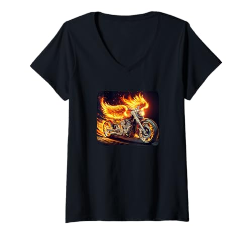 Damen Brennender und rockiger Motorrad-Look T-Shirt mit V-Ausschnitt Damen Brennender und rockiger Motorrad-Look T-Shirt mit V-Ausschnitt von Motorcycle Flames Outfit