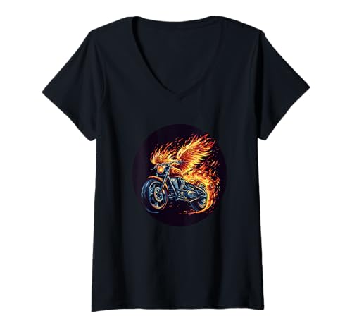 Damen Coole Phoenix-Motorrad-Grafik T-Shirt mit V-Ausschnitt Damen Coole Phoenix-Motorrad-Grafik T-Shirt mit V-Ausschnitt von Motorcycle Flames Outfit