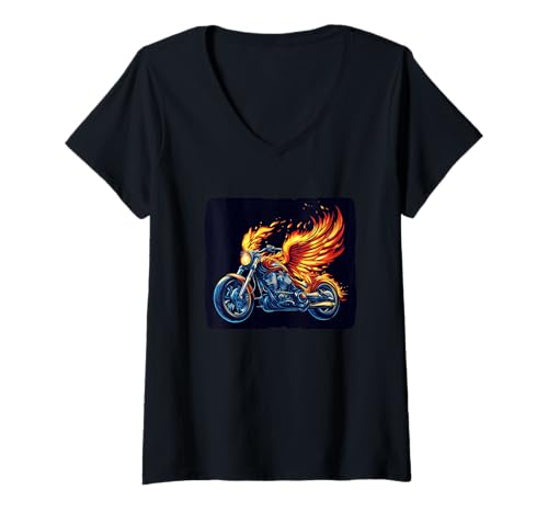 Damen Cooles Motorrad mit brennenden Flügeln Kostüm T-Shirt mit V-Ausschnitt Damen Cooles Motorrad mit brennenden Flügeln Kostüm T-Shirt mit V-Ausschnitt von Motorcycle Flames Outfit