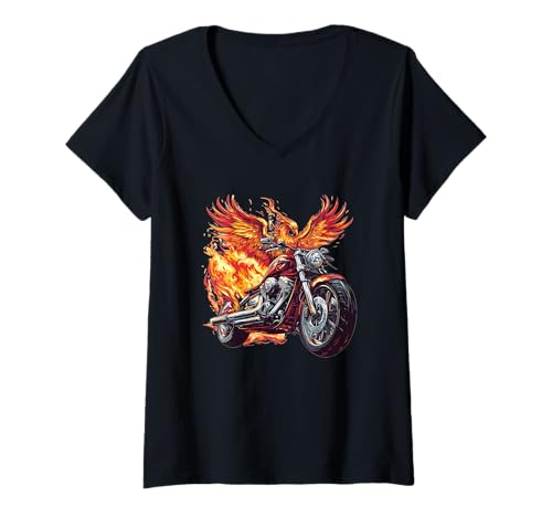 Damen Feuervogel mit Motorrad für Fahrräder und Phoenix-Liebhaber T-Shirt mit V-Ausschnitt Damen Feuervogel mit Motorrad für Fahrräder und Phoenix-Liebhaber T-Shirt mit V-Ausschnitt von Motorcycle Flames Outfit