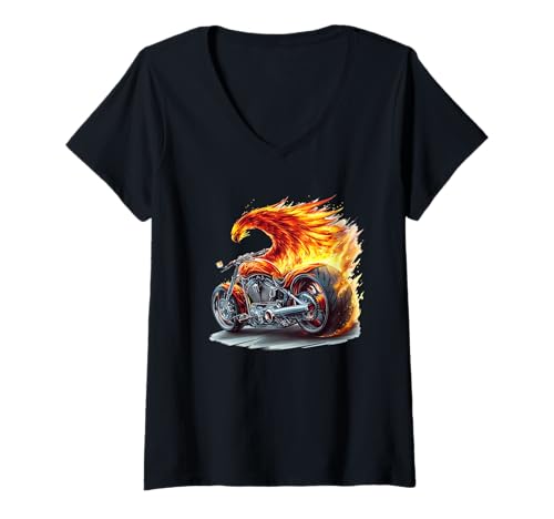 Damen Schöne Phoenix-Vogel-Motorrad-Flammen-Optik T-Shirt mit V-Ausschnitt Damen Schöne Phoenix-Vogel-Motorrad-Flammen-Optik T-Shirt mit V-Ausschnitt von Motorcycle Flames Outfit