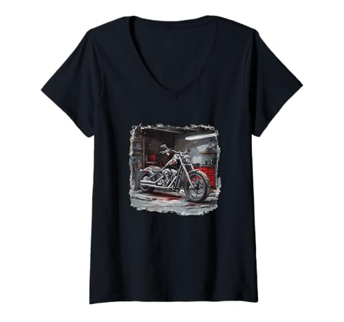 Damen Cooles Motorrad Garage Grafik Kostüm für Werkstattfans T-Shirt mit V-Ausschnitt von Motorcycle Garage Outfit