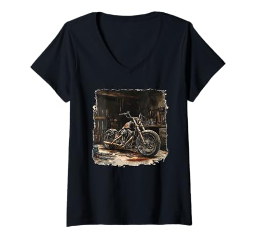 Damen Patriotische Werkstatt mit Motorrad-Grafik T-Shirt mit V-Ausschnitt von Motorcycle Garage Outfit