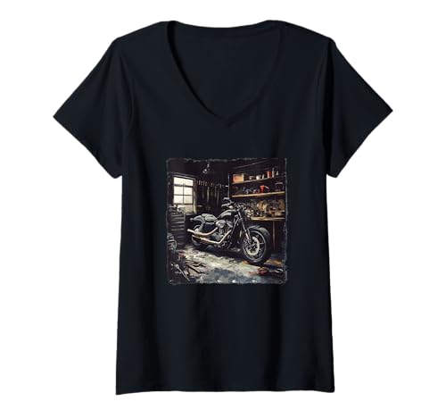 Damen Retro Motorrad Werkstatt Kostüm T-Shirt mit V-Ausschnitt von Motorcycle Garage Outfit