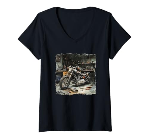 Damen USA Werkstatt Garage mit Cooler Motorrad-Grafik T-Shirt mit V-Ausschnitt von Motorcycle Garage Outfit
