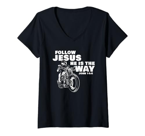 Damen Follow Jesus He is The Way Christian Motorcycle Gospel Biker T-Shirt mit V-Ausschnitt Damen Follow Jesus He is The Way Christian Motorcycle Gospel Biker T-Shirt mit V-Ausschnitt von Motorcycle Gospel & Christian Faith Riders