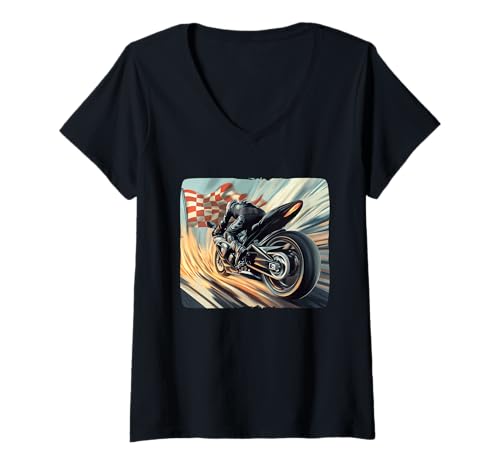 Damen Motorrad-Rennfahrer-Kostüm mit Finish-Flagge T-Shirt mit V-Ausschnitt von Motorcycle Graphic
