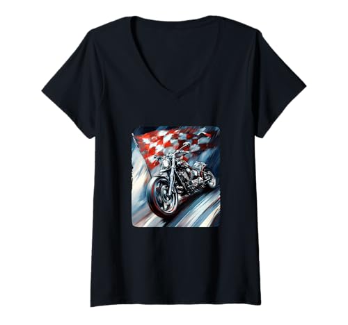 Damen Motorrad mit Finish Line Kostüm T-Shirt mit V-Ausschnitt von Motorcycle Graphic