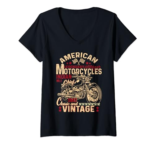 Damen Retro Vintage American Motorrad Indianer für Old Biker Lustig T-Shirt mit V-Ausschnitt von Motorcycle Indian Bikers Motocross