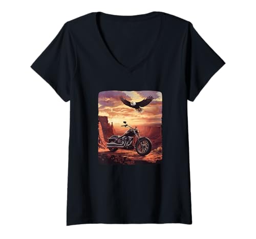Damen Freedom Mountains mit Motorrad und Adler Kostüm T-Shirt mit V-Ausschnitt Damen Freedom Mountains mit Motorrad und Adler Kostüm T-Shirt mit V-Ausschnitt von Motorcycle Mountains Outfit