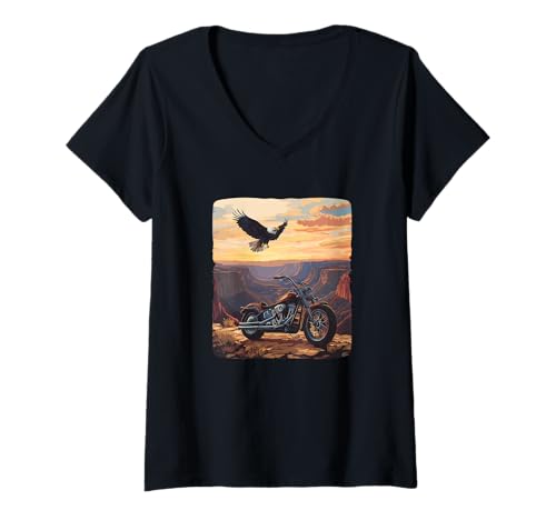 Damen Liberty Kostüm mit Retro Motorrad und USA Adler T-Shirt mit V-Ausschnitt Damen Liberty Kostüm mit Retro Motorrad und USA Adler T-Shirt mit V-Ausschnitt von Motorcycle Mountains Outfit