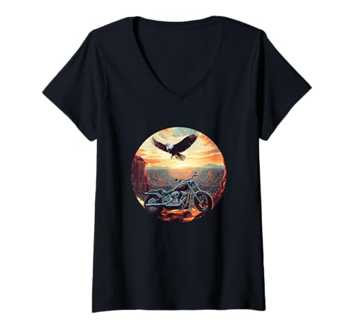Damen Sunrise Mountains with Adler and Motorcycle Graphic T-Shirt mit V-Ausschnitt Damen Sunrise Mountains with Adler and Motorcycle Graphic T-Shirt mit V-Ausschnitt von Motorcycle Mountains Outfit