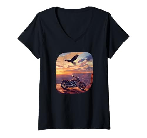 Damen USA Mountain View mit Motorrad und Adler Grafik T-Shirt mit V-Ausschnitt Damen USA Mountain View mit Motorrad und Adler Grafik T-Shirt mit V-Ausschnitt von Motorcycle Mountains Outfit