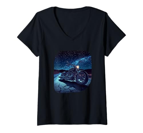 Damen Badass Motorrad Grafik mit Nachtsternen T-Shirt mit V-Ausschnitt Damen Badass Motorrad Grafik mit Nachtsternen T-Shirt mit V-Ausschnitt von Motorcycle by Night Outfit