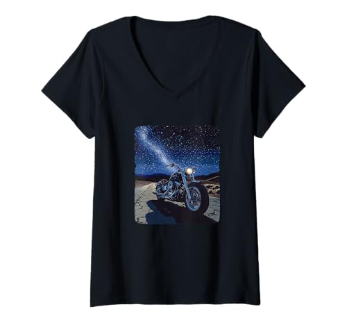 Damen Coole Freeway mit Motorrad für Nacht- und Sternenliebhaber T-Shirt mit V-Ausschnitt Damen Coole Freeway mit Motorrad für Nacht- und Sternenliebhaber T-Shirt mit V-Ausschnitt von Motorcycle by Night Outfit
