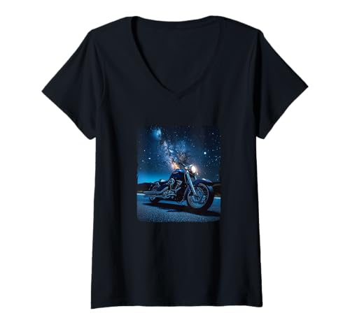 Damen Coole Sterne mit Motorrad für Nachtfahrer T-Shirt mit V-Ausschnitt Damen Coole Sterne mit Motorrad für Nachtfahrer T-Shirt mit V-Ausschnitt von Motorcycle by Night Outfit