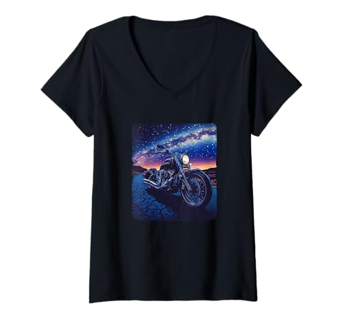 Damen Hübsches Motorrad-Kostüm mit Nacht und Sternen T-Shirt mit V-Ausschnitt Damen Hübsches Motorrad-Kostüm mit Nacht und Sternen T-Shirt mit V-Ausschnitt von Motorcycle by Night Outfit