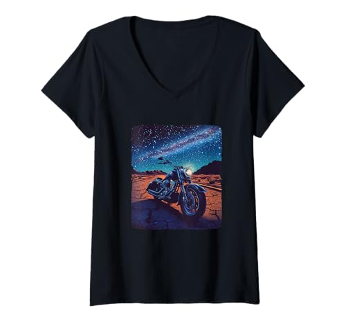 Damen Motorrad-Outfit mit coolen Sternen bei Nacht T-Shirt mit V-Ausschnitt Damen Motorrad-Outfit mit coolen Sternen bei Nacht T-Shirt mit V-Ausschnitt von Motorcycle by Night Outfit