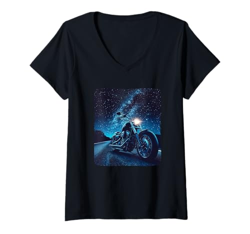 Damen Night Ride Kostüm mit Cooler Motorrad-Grafik T-Shirt mit V-Ausschnitt Damen Night Ride Kostüm mit Cooler Motorrad-Grafik T-Shirt mit V-Ausschnitt von Motorcycle by Night Outfit