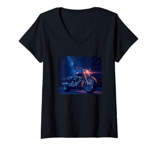 Damen Night Rider Motorrad Kostüm T-Shirt mit V-Ausschnitt von Motorcycle by Night Outfit
