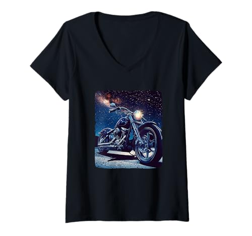 Damen Sternenhimmel und Coole Motorrad-Grafik T-Shirt mit V-Ausschnitt Damen Sternenhimmel und Coole Motorrad-Grafik T-Shirt mit V-Ausschnitt von Motorcycle by Night Outfit