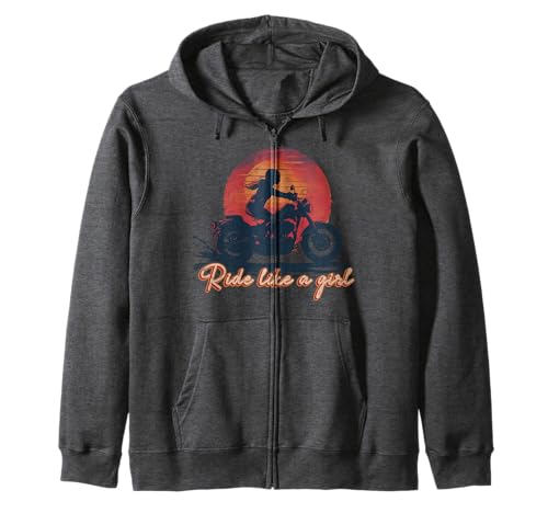 Ride Like a Girl Motorradliebhaberin im Vintage-Stil bei Sonnenuntergang Kapuzenjacke von Motorcycle lover Girl outfits