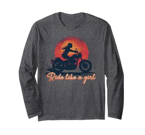 Ride Like a Girl Motorradliebhaberin im Vintage-Stil bei Sonnenuntergang Langarmshirt von Motorcycle lover Girl outfits