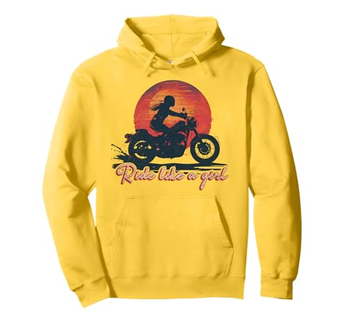 Ride Like a Girl Motorradliebhaberin im Vintage-Stil bei Sonnenuntergang Pullover Hoodie von Motorcycle lover Girl outfits